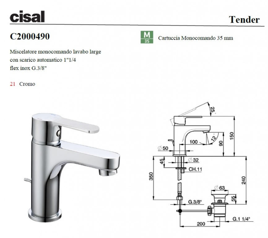 Miscelatore monocomando lavabo Cisal Tender art.C200049021