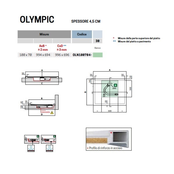 Piatto doccia 100x70 H.4,5 cm in acrilico Novellini New Olympic art.OLN100704-30